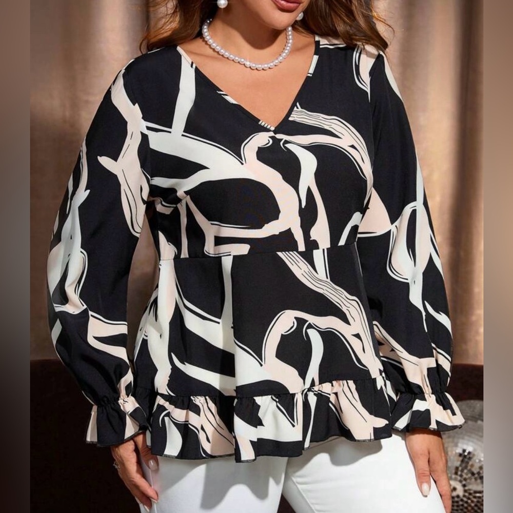 V-Neck All Over Print Long Sleeve Blouse